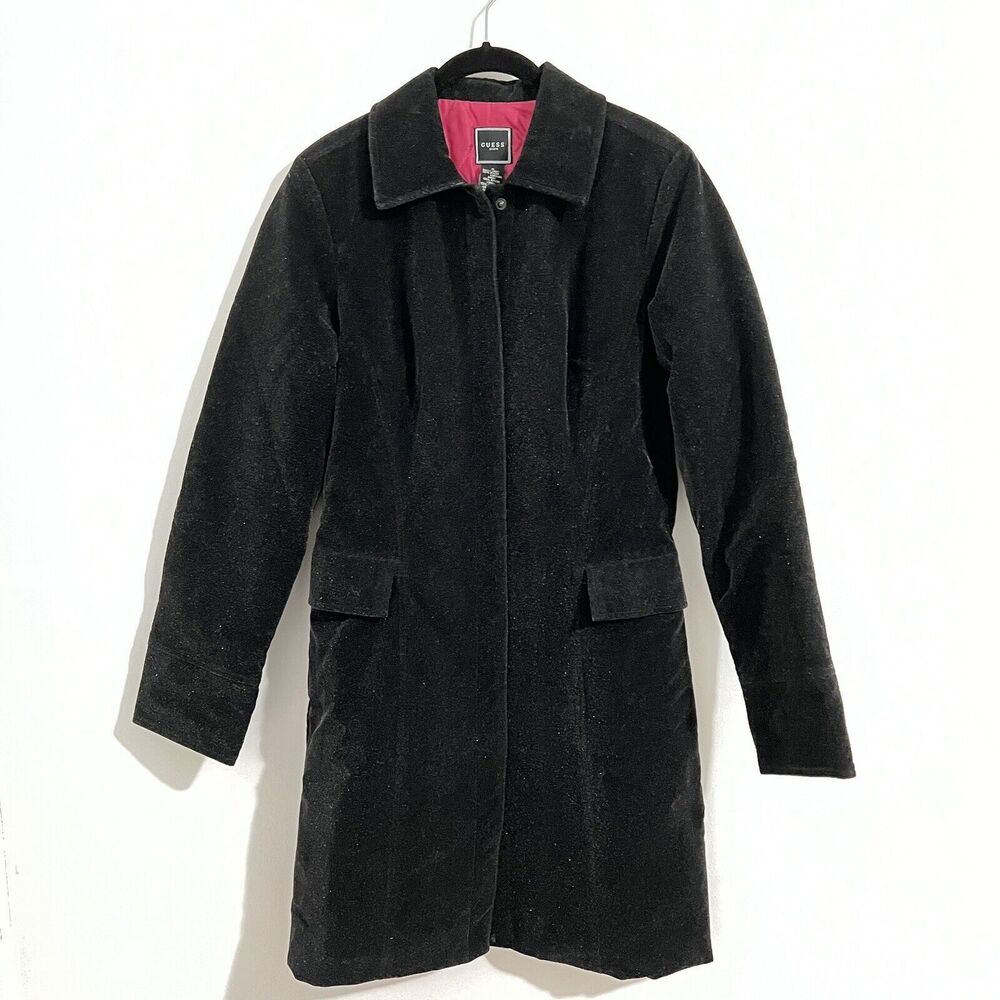 Guess‎ Jeans Black Velvet Coat Sparkly Size S Vintage Hidden Button Minimalistic
